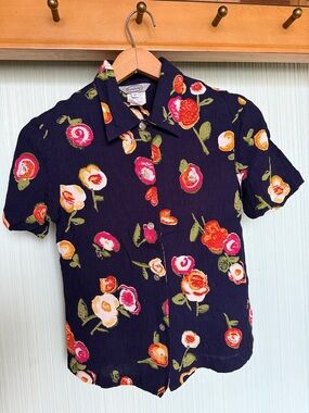 Vintage Resortwear 80s 90s Navy Blue Floral Button-Up Rayon Artsy Camp Shirt